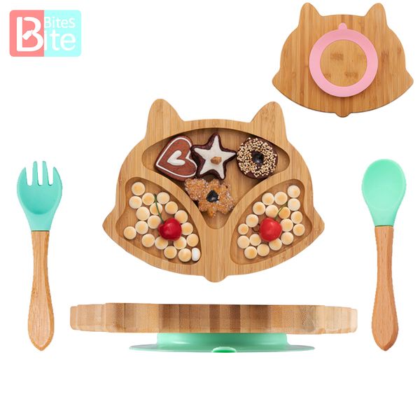 

bamboo baby feeding bowl spoon fork fox pattern food tableware kids wooden training plate silicone suction cup removable baby 210226