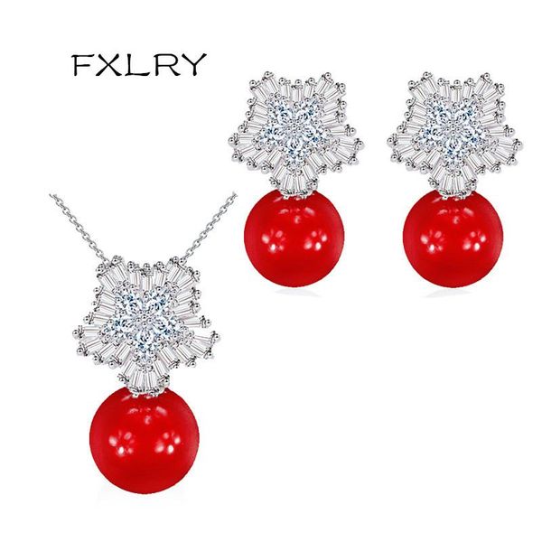 

earrings & necklace fxlry elegant white color + cubic zirconia flower women big pearl pendant and jewelry sets, Silver