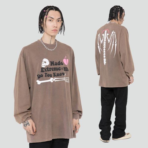 

men's t-shirts hip hop washed t shirt streetwear skeleton letter print oversize t-shirt 2021 men long sleeve tshirt harajuku cotton te, White;black