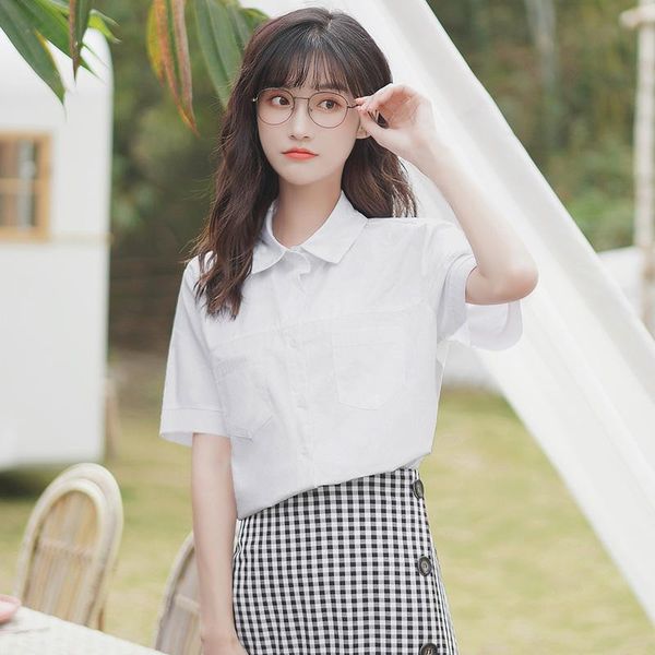

2021 summer new solid colour shirts korean fan loose students white shirt class uniform -music of the tide