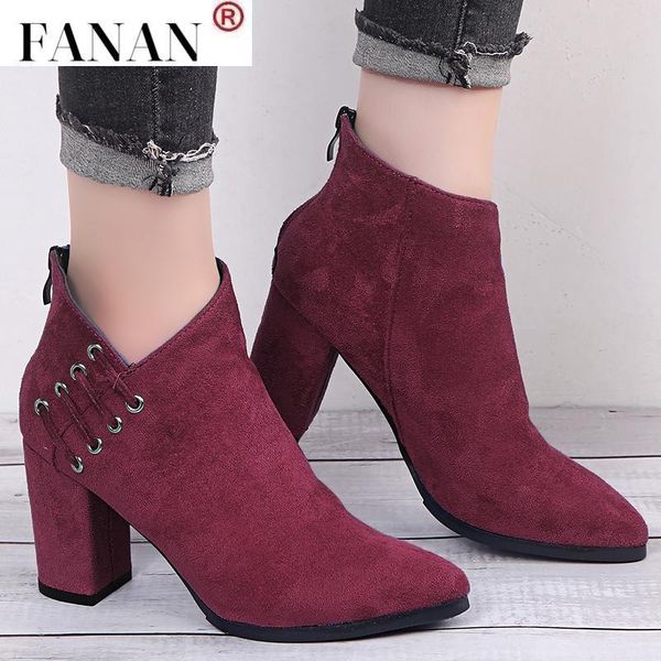 

boots women shoes ankle zipper short high-heel fashion pointed square heel europe woman plus size 35-43, Black