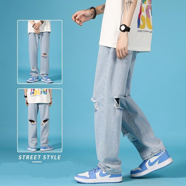 

men's jeans korean streetwear hole men 2021 summer casual straight ripped denim pants fashion male jean trousers blue white
