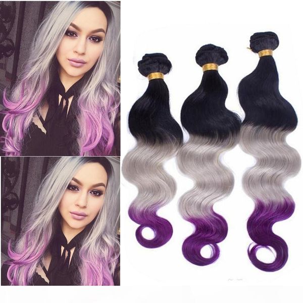 

#1b grey purple ombre brazilian human hair 3bundles body wave double wefts black roots grey purple 3 tone ombre human hair weave extensions, Black;brown