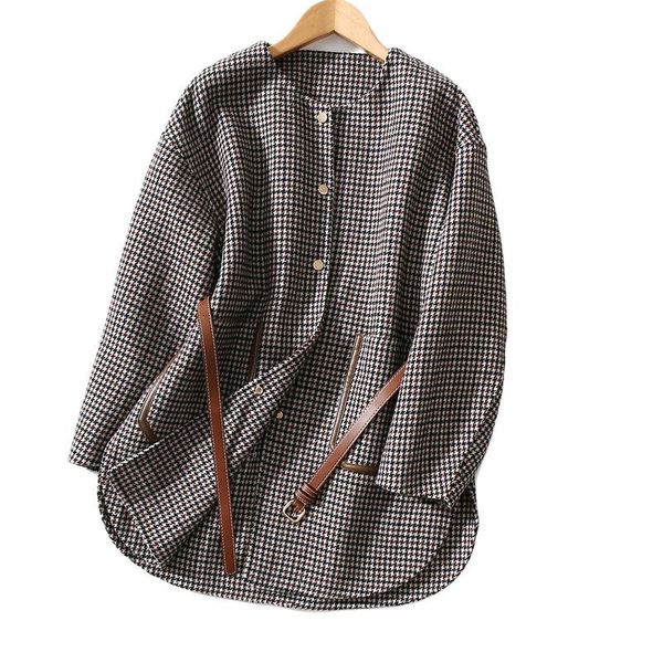 

women's wool & blends belt mid long fine double faced plaid coat for women in autumn and winter 2021, Black