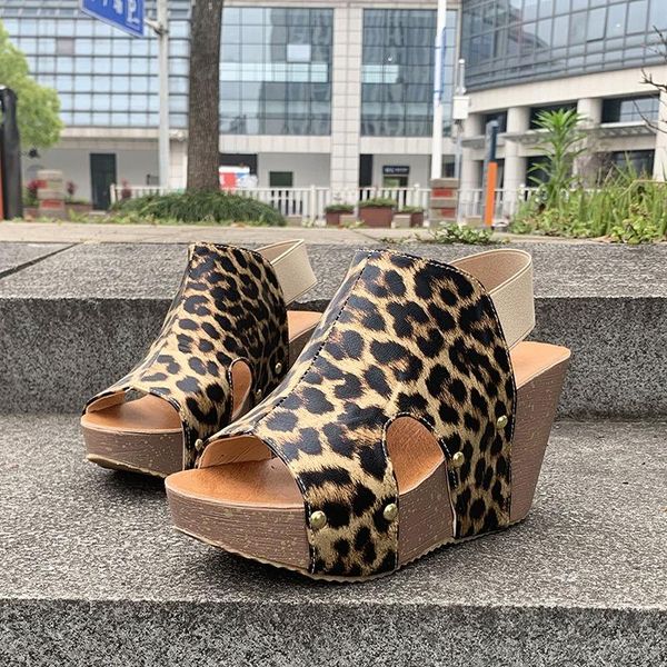 

women's shoes leopard-print wedge heel sandals with fish mouth artificial leather retro fashion rivet wedge heel hand-sewn shoes, Black