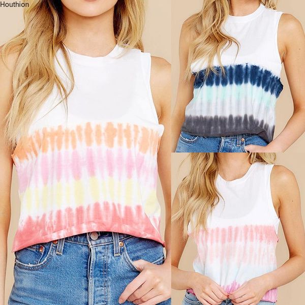 

women's tanks & camis houthion t-shirt fashion temperament casual tie-dyed round neck digital gradient printed sleeveless vest women, White