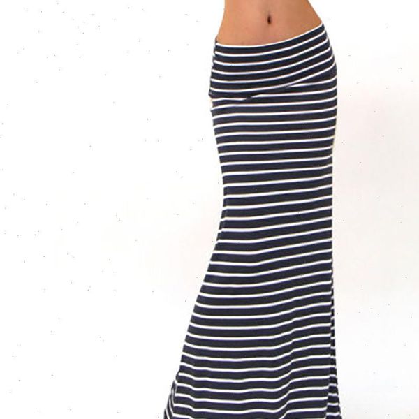 

women asymmetric soft and comfortable high waist striped fold over stretch long maxi skirt l50 0117 drop shipping, Black