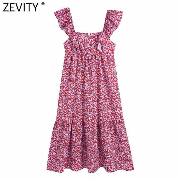 

zevity women sweet red floral print ruffles sling midi dress female side zipper boho vestido chic casual summer dresses ds8317 210603, Black;gray