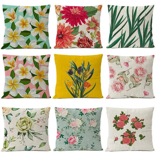

watercolor plant floral leaf pillow cover home decorative red rose flower linen pillow case sofa cushions