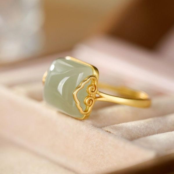 

cluster rings original s925 sterling silver xiangyun hetian jade lady temperament simple elegant retro open ring, Golden;silver