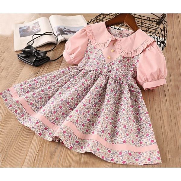 Floral Meninas Vestidos Peter Pan Colar de Algodão Verão De Manga Curta Princesa Vestidos Bebê Roupas 2-7Y LT018 210303