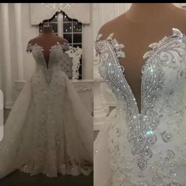 

casual dresses luxury bridal with beads overskirts detachable vestido de noiva applique lace dress long train robe mariÃ©e, Black;gray