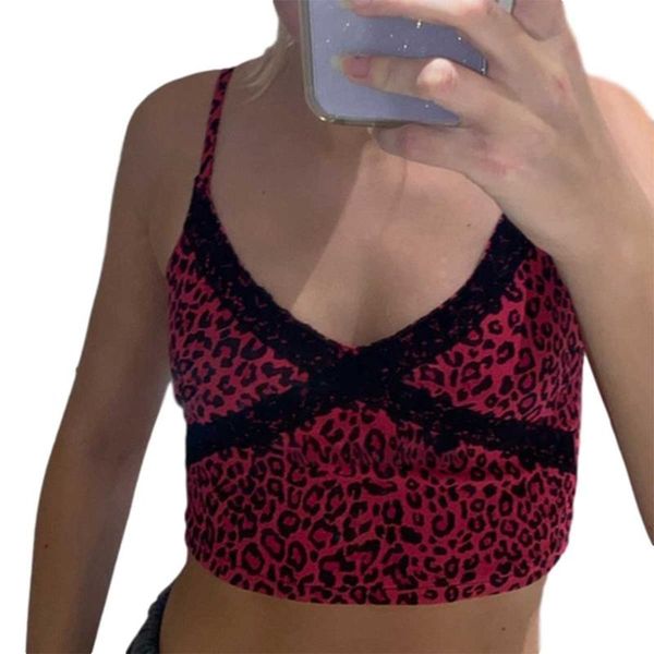 

women's tanks & camis summer girls v-neck camisole, ladies personalized leopard print lace splicing backless midriff-baring top, White