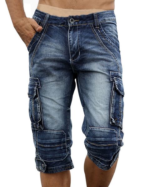 

2021 new men's male summer american retro washed and worn workwear jeans multi-pocket casual denim cropped pants over the knee hcka, Blue