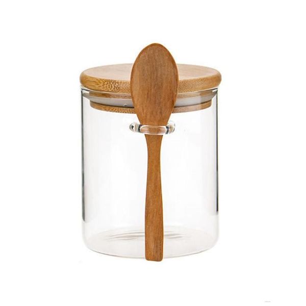 Bottiglie di stoccaggio Barattoli Articoli per la casa Zuccheriera con coperchio in bambù e cucchiaio Barattolo in vetro trasparente per stoccaggio da cucina