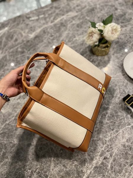 

retro design rectangular women tote bag canvas + leather designer fashion purse stripe composite handbag shopping bag size 32cm