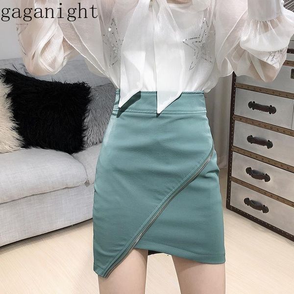

skirts gaganight elegant fashion women mini short pu leatherskirt solid zipper bodycon office lady korean irregular high waist, Black
