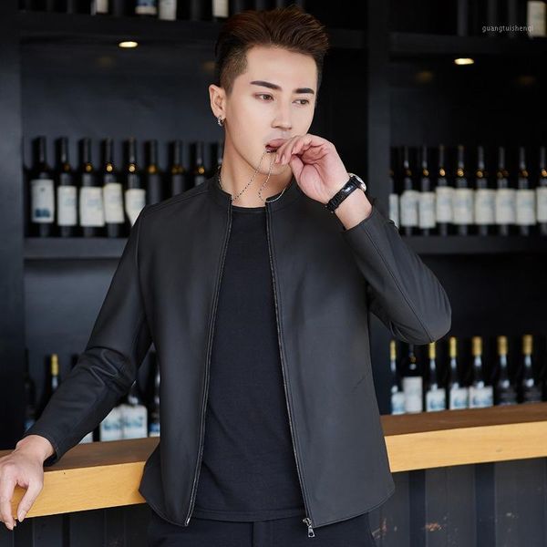 

men's leather & faux haining garment standing collar sheep masimple leisure motorcycle, Black