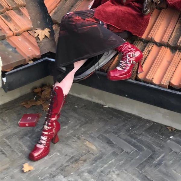 

boots women's mid-calf hollow out square toe fashion metal decoration med heels buckles shoes b286, Black