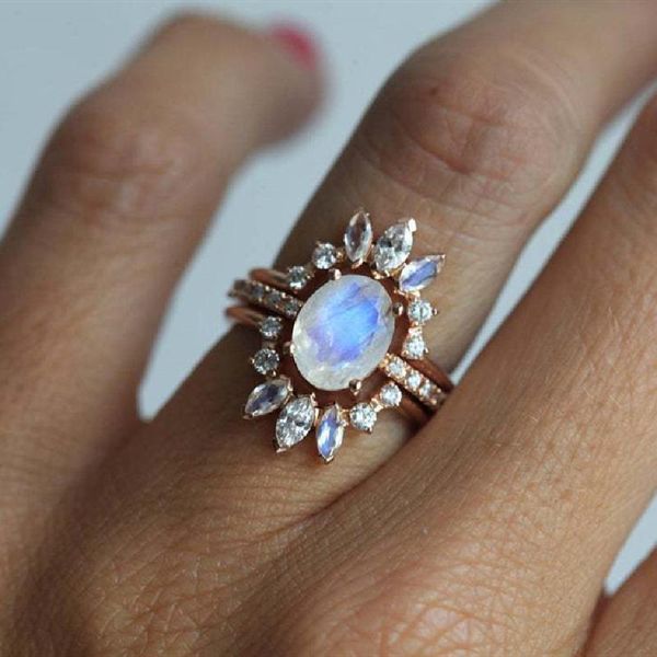 

cluster rings 3pcs/sets bohemian geometric clear crystal stone moonstone rose gold ring elegan fashion for women jewelry accessories, Golden;silver