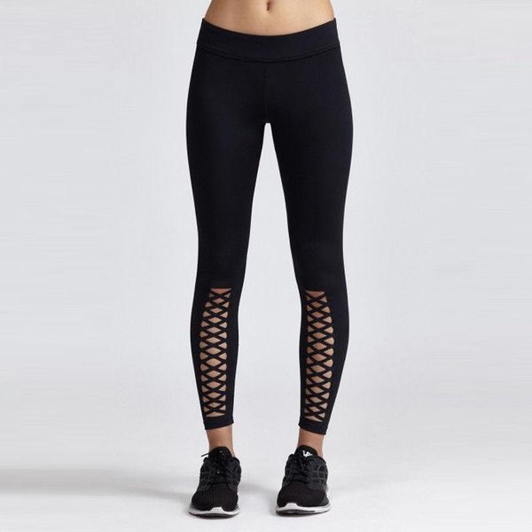 

women's pants & capris hollow out workout fitness stretch leggings trousers, Black;white
