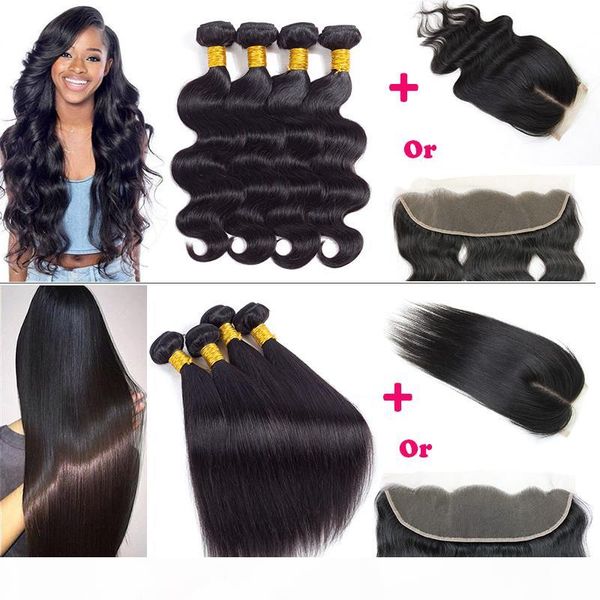 

body wave straight human hair 4 bundles with 4x4 closure wet and wavy brazilian virgin hair extensions with lace frontal human hair weaves, Black