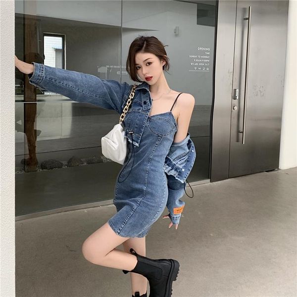 

casual dresses suspender dress women's 2021 summer slim short temperament retro denim, Black;gray