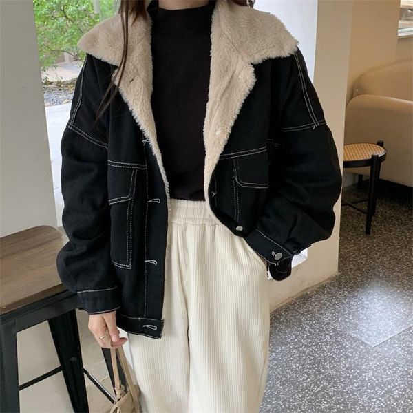 

women's down & parkas 2021 korean style autumn winter lapel single breasted thicken fleece warm denim jacket vintage solid coat, Black
