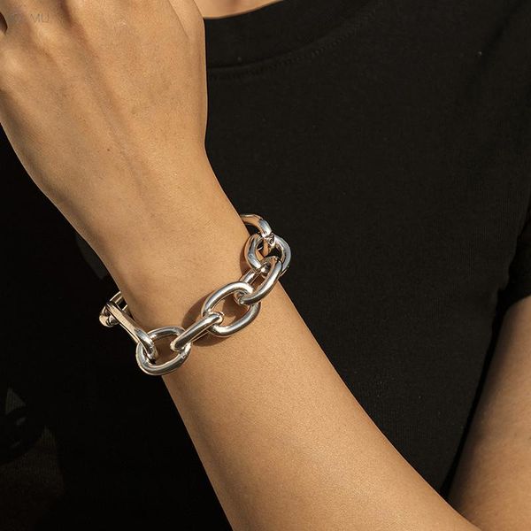 

aomu simple punk metal gold silver color thick chain hip hop exaggerated irregular geometric bracelet for female jewelry party, Black