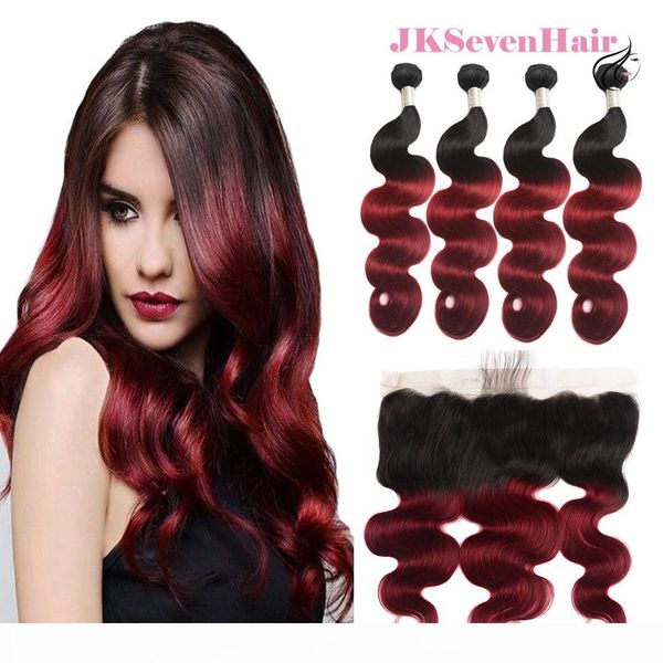 

two tone ombre burgundy body wave brazilian hair bundles 4pcs with 13x4 inch frontal 1b burgundy malaysian peruvian hair wefts w frontal, Black