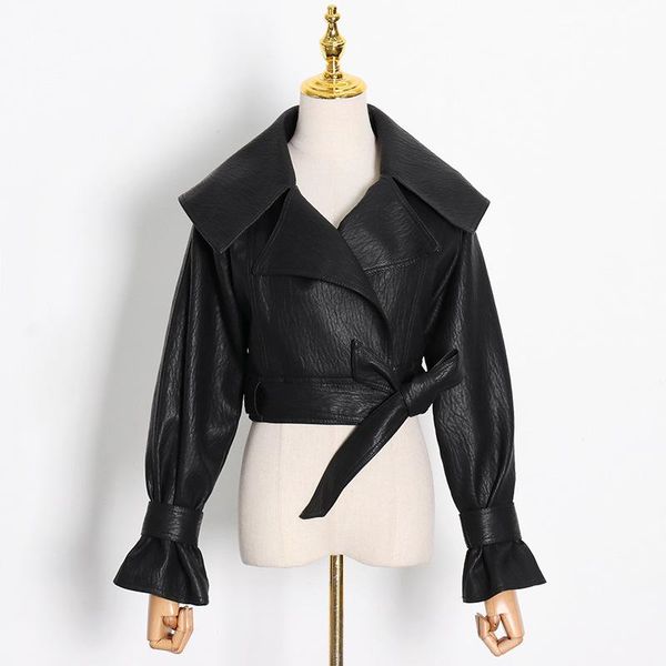 

women's jackets kalenmos women coats turn-down collar bow sash pu leather motorcycle jacket slim fashion punk short streetwear clothing, Black;brown