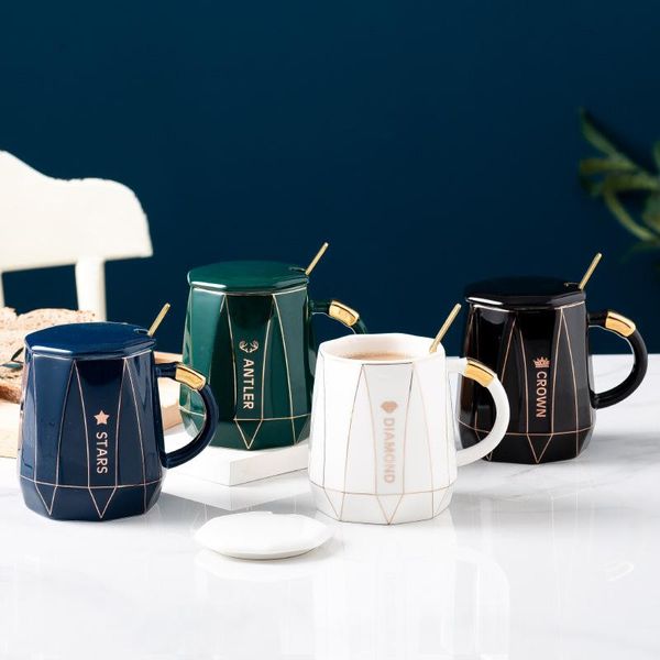 

mugs large capacity ceramic brief coffee cups women's milk with lid spoon couple stripe letter drinking cup european drinkware