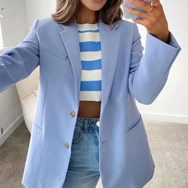 

women's suits & blazers arrivals women solid candy blue blazer coat vintage notched collar pocket fashion female oversized casual chic, White;black