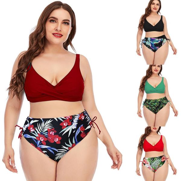 

women's swimwear plus size 4xl floral print split large bra bikini swimsuit 2021 two pieces sets beachwear, White;black