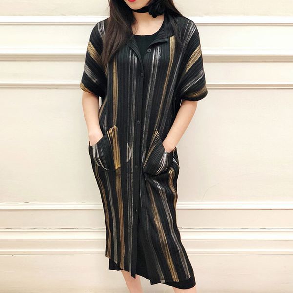 

new 2021 spring vintage striped button women's temperament long a-line bat sleeve pockets indie clothes tk3e, Black;gray