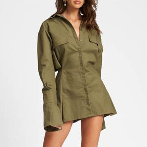 

casual dresses women autumn shirt flare sleeve high waist tunic 8vt9, Black;gray