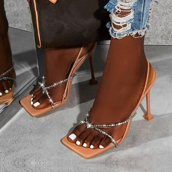 

2021 new women sandals summer high heels crystal rhinestone gladiator sandals women shoes narrow band spike heel shoes ladies, Black