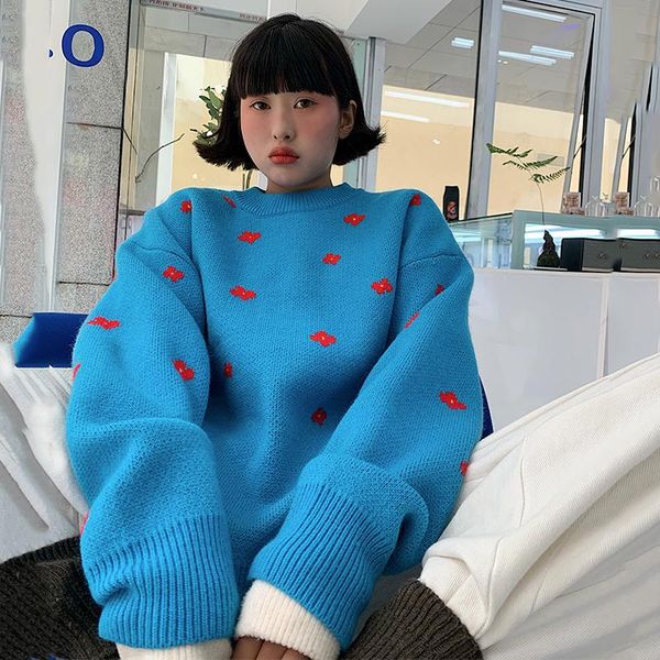 

women's sweaters loose floral embroidery sweater women autumn winter o-neck long sleeve versatile knitted coat simple casual jumper pu, White;black