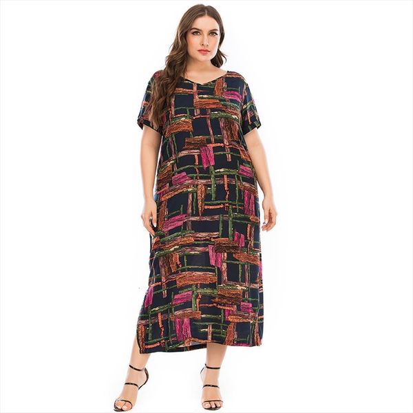 

plus size summer v neck womens dress short sleeve colorful plaid print casual elegant side split maxi long dresses, Black;gray