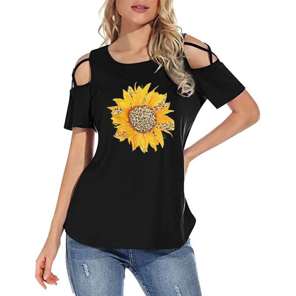 T-shirt da donna T-shirt da donna Girasole Harajuku Casual stampa senza spalline in cotone morbido manica corta T-shirt allentata Femme 2021