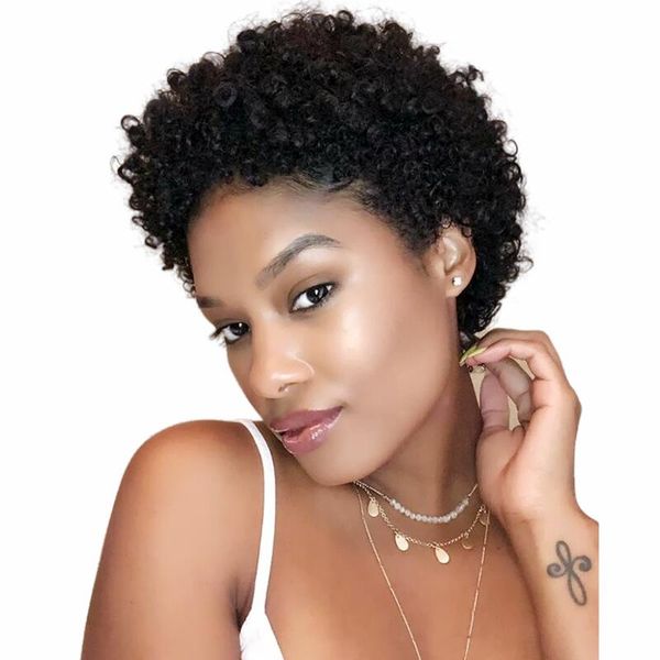 

afro kinky curly short wig brazilian virgin human hair 130 density glueless full machine no lace front wigs, Black;brown