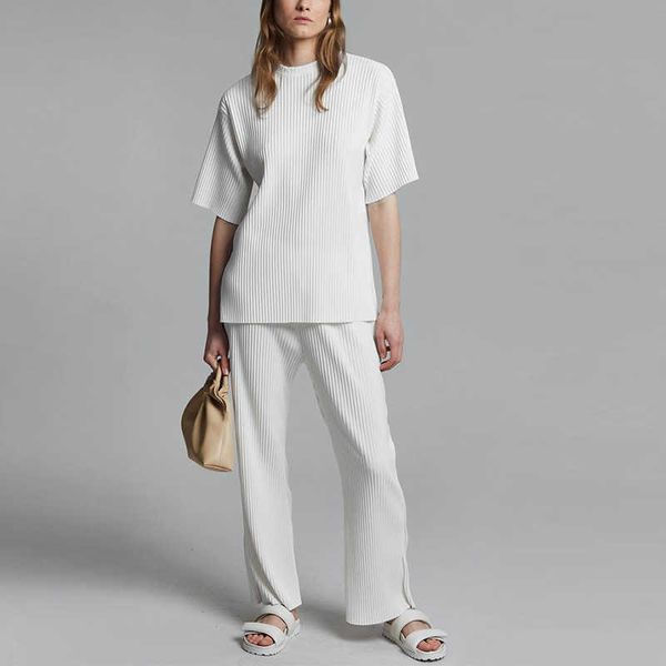 

office ladies elegant two-piece set women's pullover short sleeve and side slit wide leg pant suit for female 210709, White