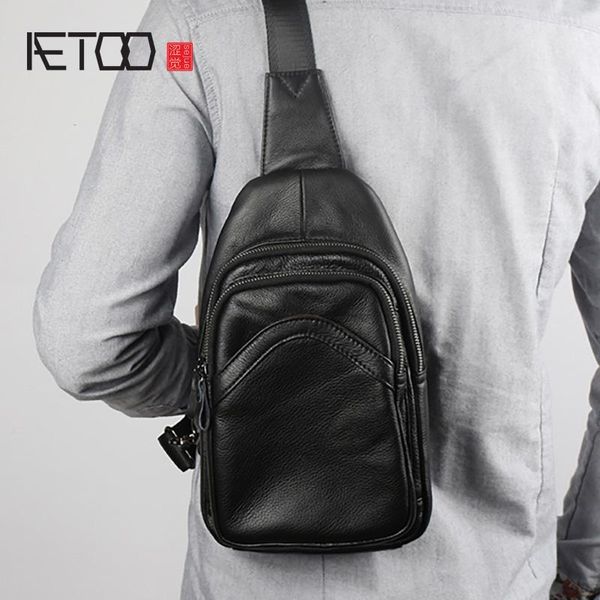

HBP AETOO Men's Head Leather Breast Bag, Fashion Able-up Men's Oblique Bag, Leather Fashion Chest Bag, Black