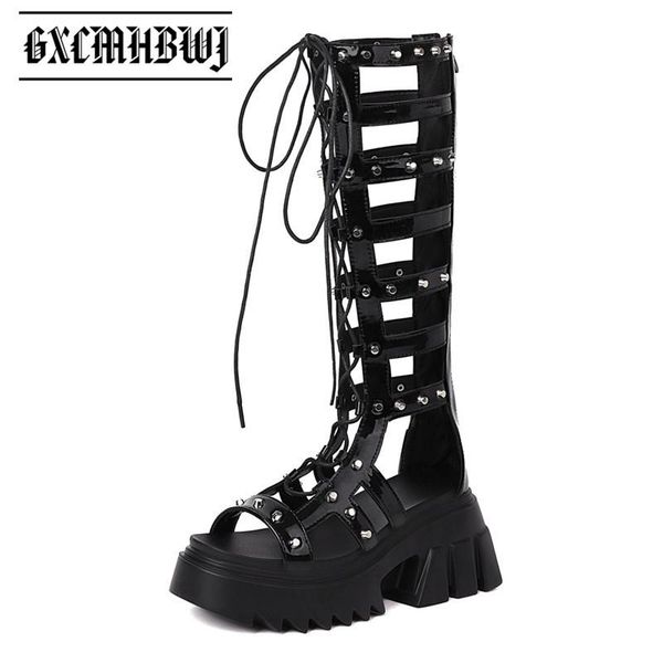 

sandals gxcmhbwj rivets gladiator black platform women summer punk gothic open toe lace up thick bottom wedge lady shoes size 43
