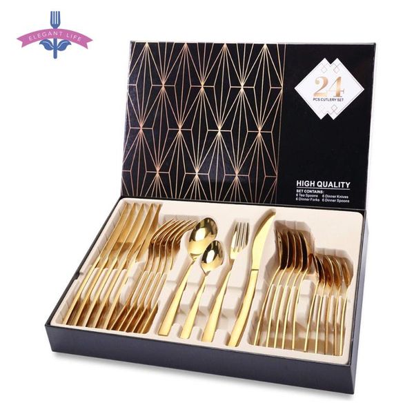 

dinnerware sets 24pcs cutlery set dinner tableware dishes knives forks spoons western kitchen 18/10 stainless steel gold silver