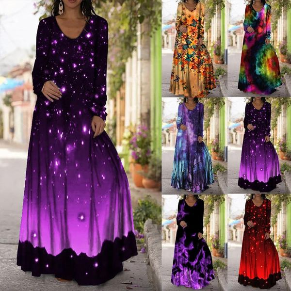 

casual dresses 2021 fashion stitching hanging dye printing one-piece long dress women loose sleeve v-neck maxi large plus, Black;gray