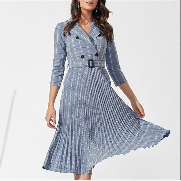

casual dresses elegant button belt plaid women blazer dress v-neck pleated office ladies long sleeve female business for, Black;gray