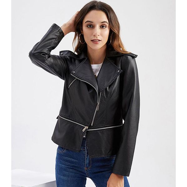 

women's leather & faux winter jacket women pu loose female detachable zipper lapel at hem biker coat black for 2021
