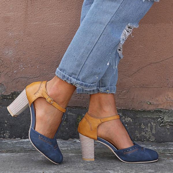 

sandals summer high heels women block heel pumps ladies shoes mix color t tied roman zapatos de mujer large size, Black