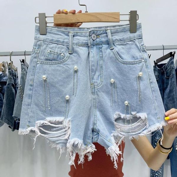

shorts women's loose spring summer new pearl burr spring high waist short with holes in denim shorts women cloth wear, White;black